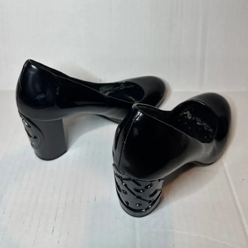 Tory Burch Size 6.5 Logo Black Patent Leather Pump Heels Workwear Office Siren